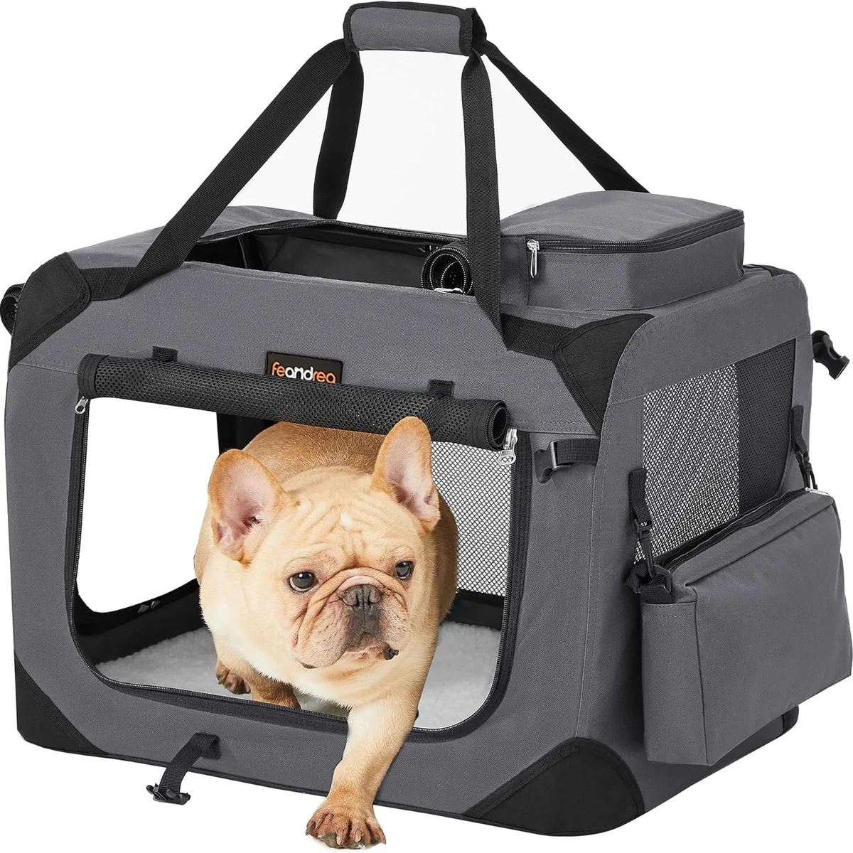 Feandrea Foldable Travel Crate for Dogs and Cats, 60cm, Grey