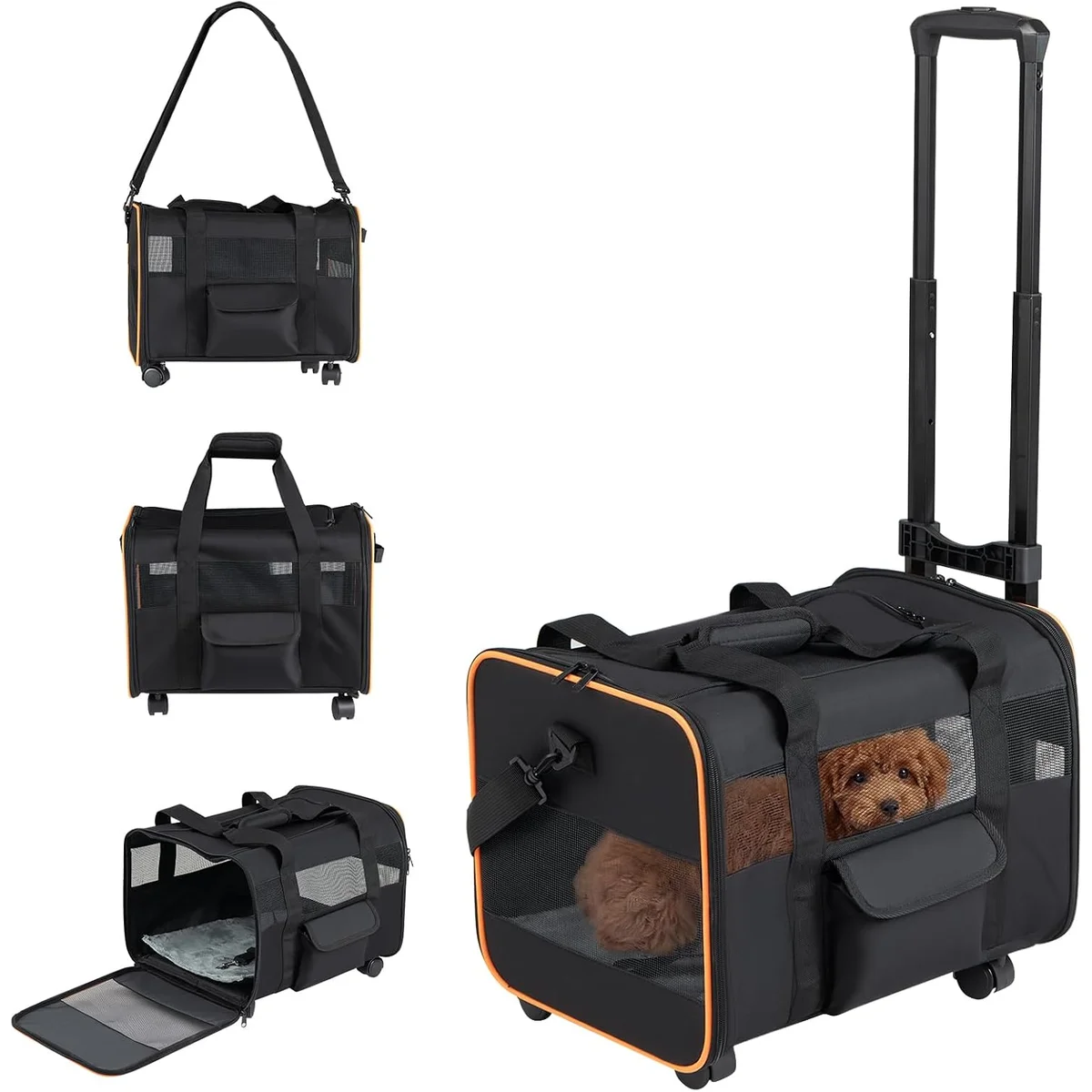 GYMAX Foldable Pet Carrier with Wheels, Telescopic Handle, Black & Grey